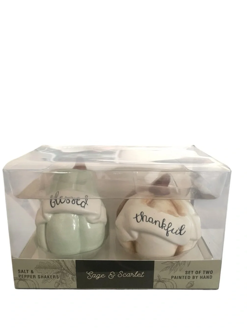 'Blessed' and 'Thankful' Ceramic Salt & Pepper Shaker Set - Pastel Green & Cream